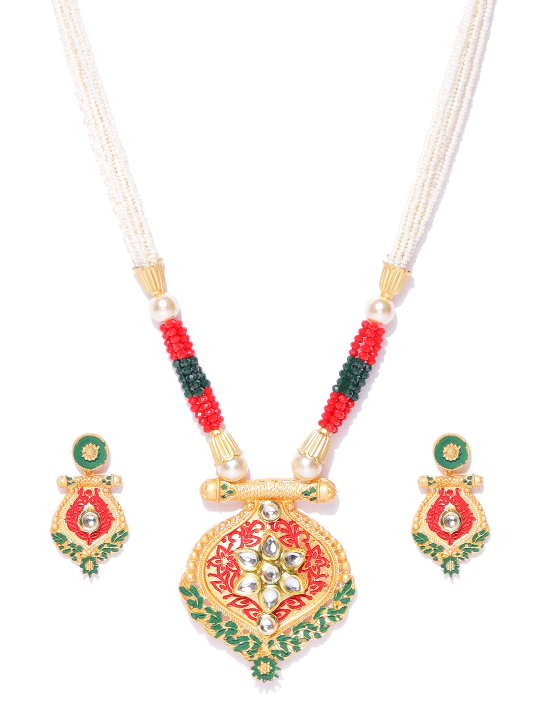 YouBella Off-White  Red Gold-Plated Beaded Enamelled Handcrafted Jewellery Set