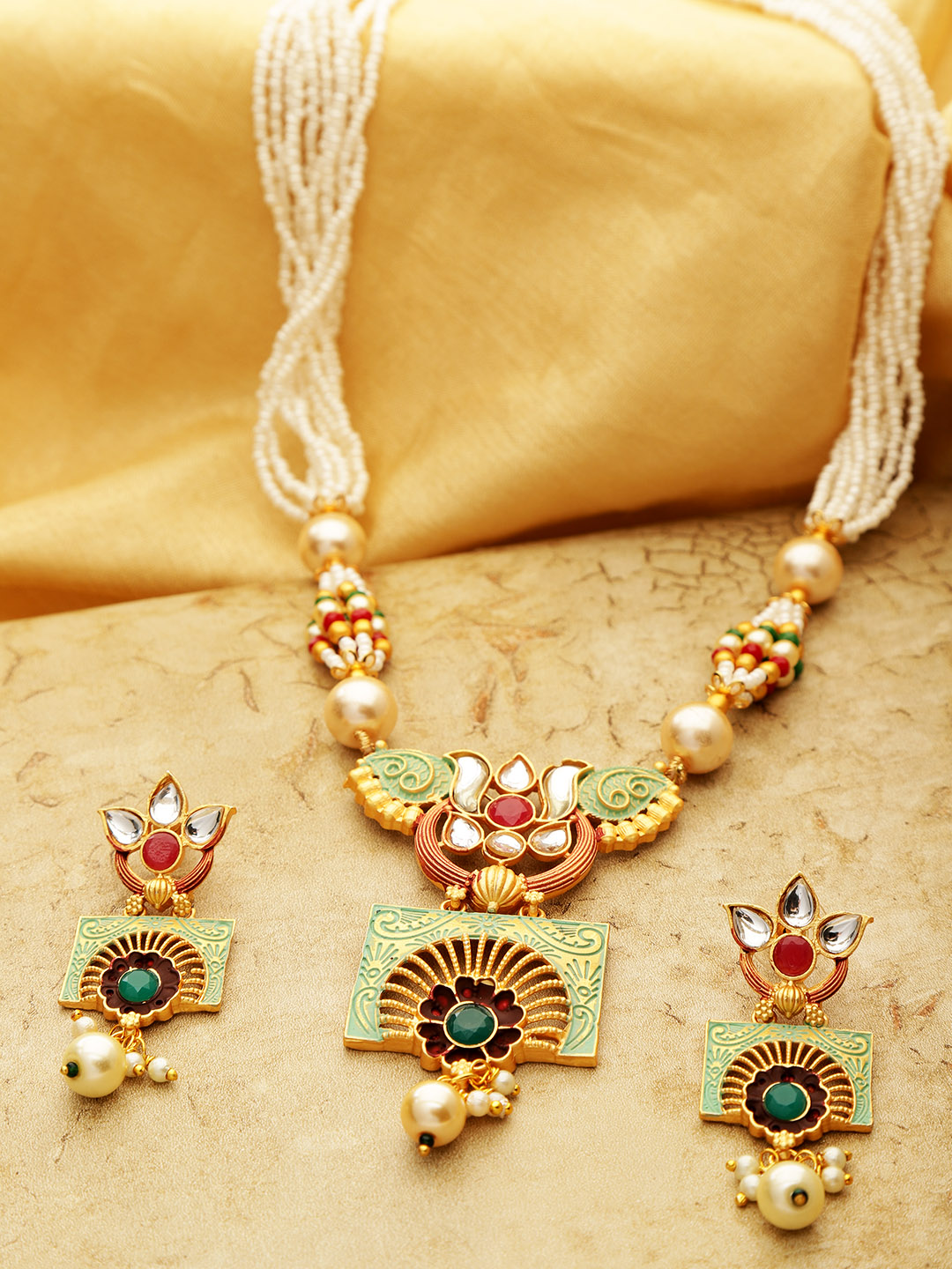 YouBella Green  Red Gold-Plated Beaded Enamelled Handcrafted Jewellery Set