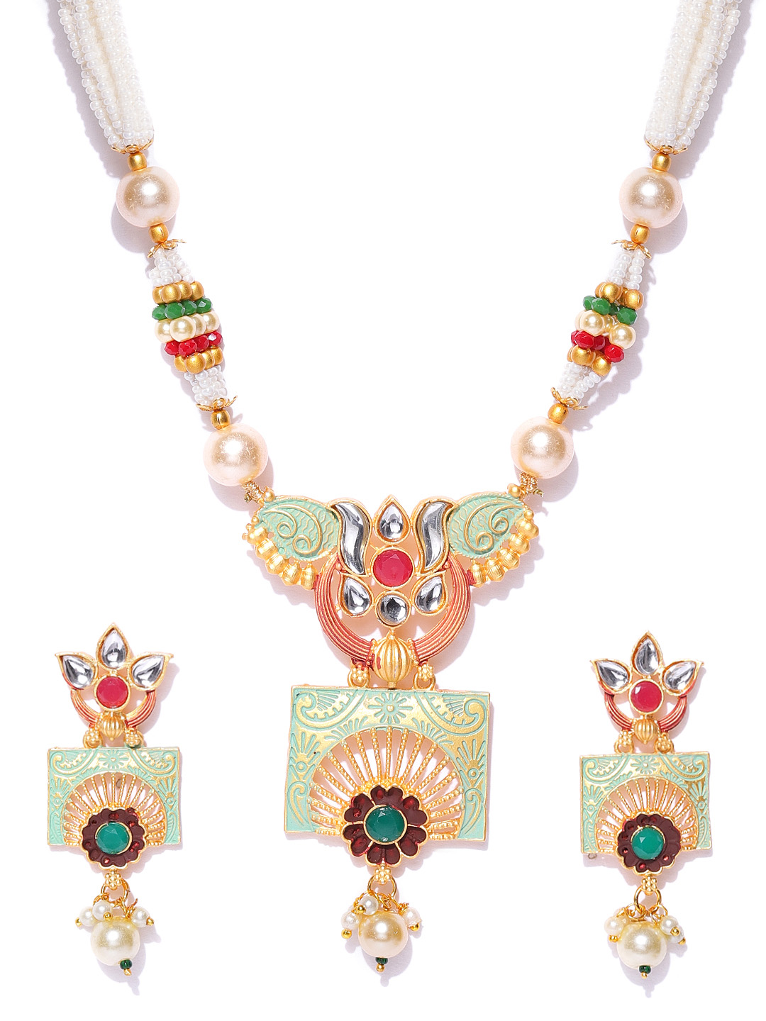 YouBella Green  Red Gold-Plated Beaded Enamelled Handcrafted Jewellery Set