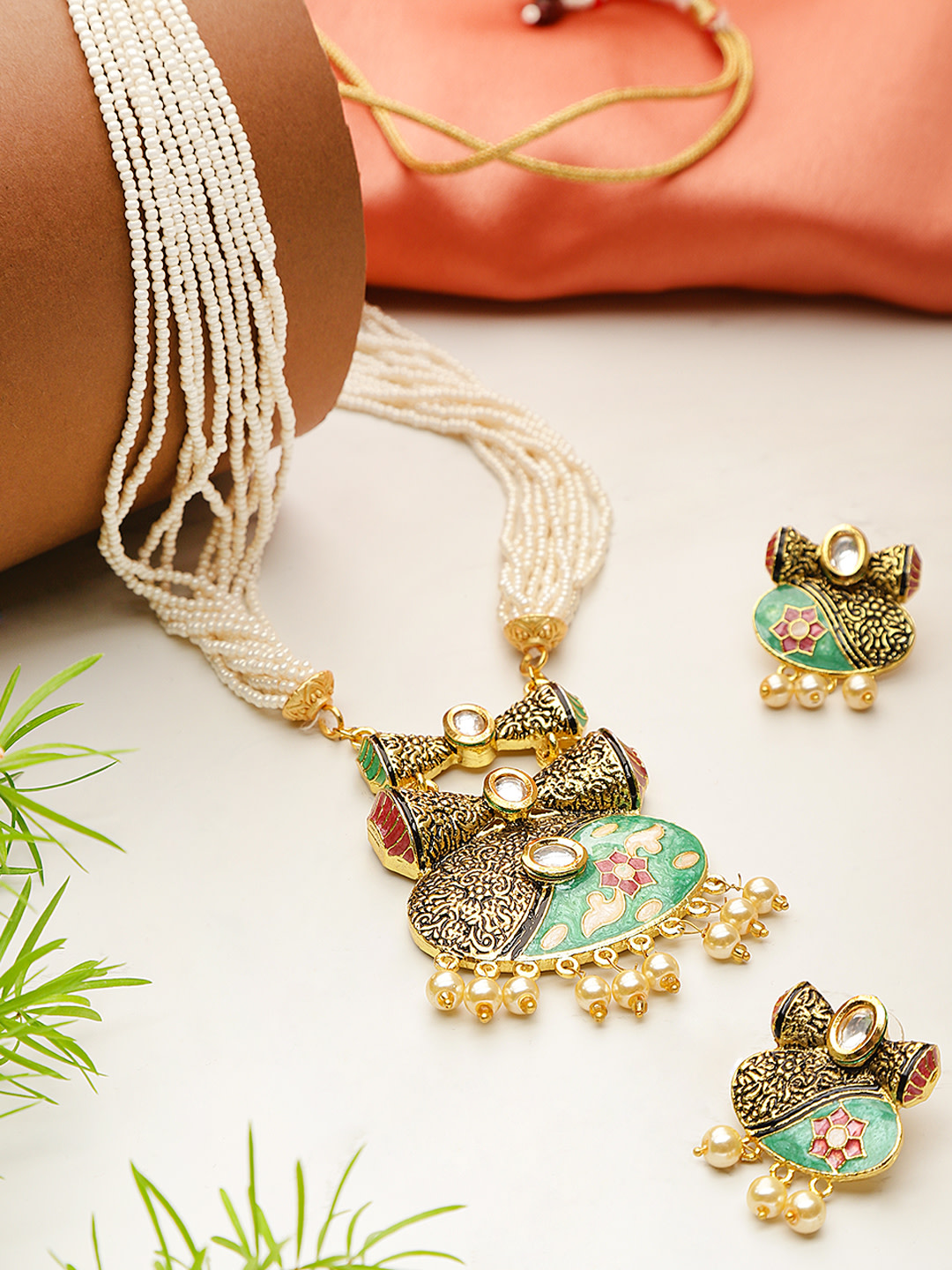 YouBella Off-White  Sea Green Antique Gold-Plated Enamelled Handcrafted Jewellery Set