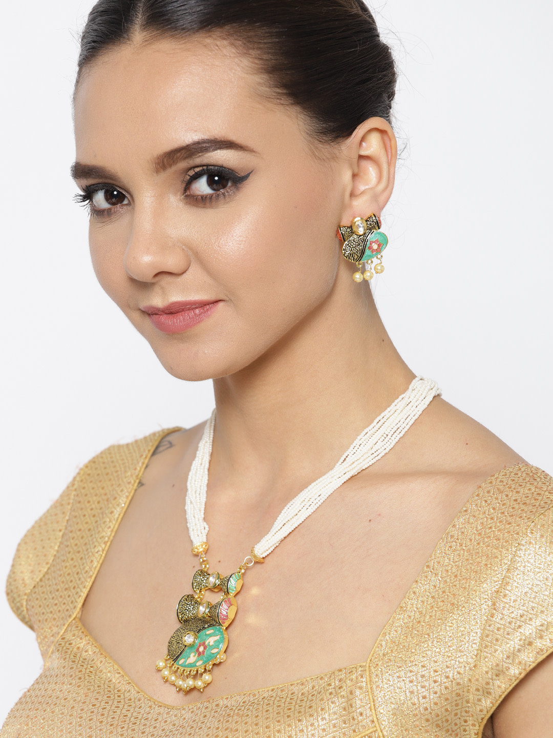 YouBella Off-White  Sea Green Antique Gold-Plated Enamelled Handcrafted Jewellery Set