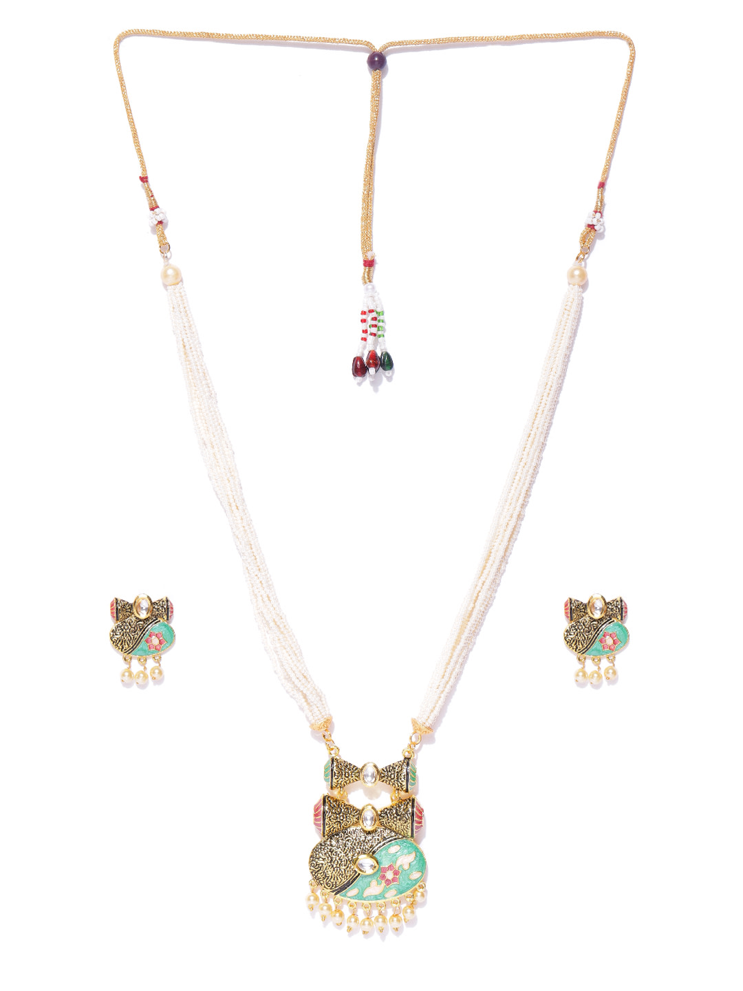 YouBella Off-White  Sea Green Antique Gold-Plated Enamelled Handcrafted Jewellery Set
