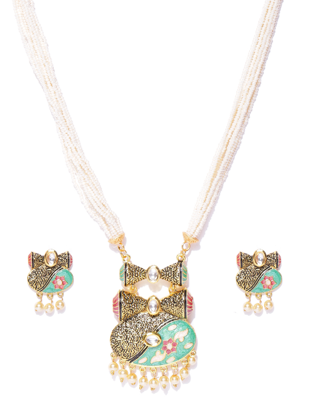 YouBella Off-White  Sea Green Antique Gold-Plated Enamelled Handcrafted Jewellery Set