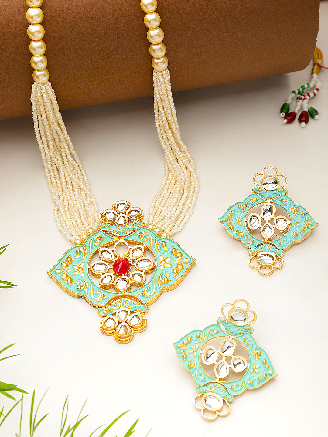 YouBella Off-White  Sea Green Gold-Plated Beaded Enamelled Handcrafted Jewellery Set