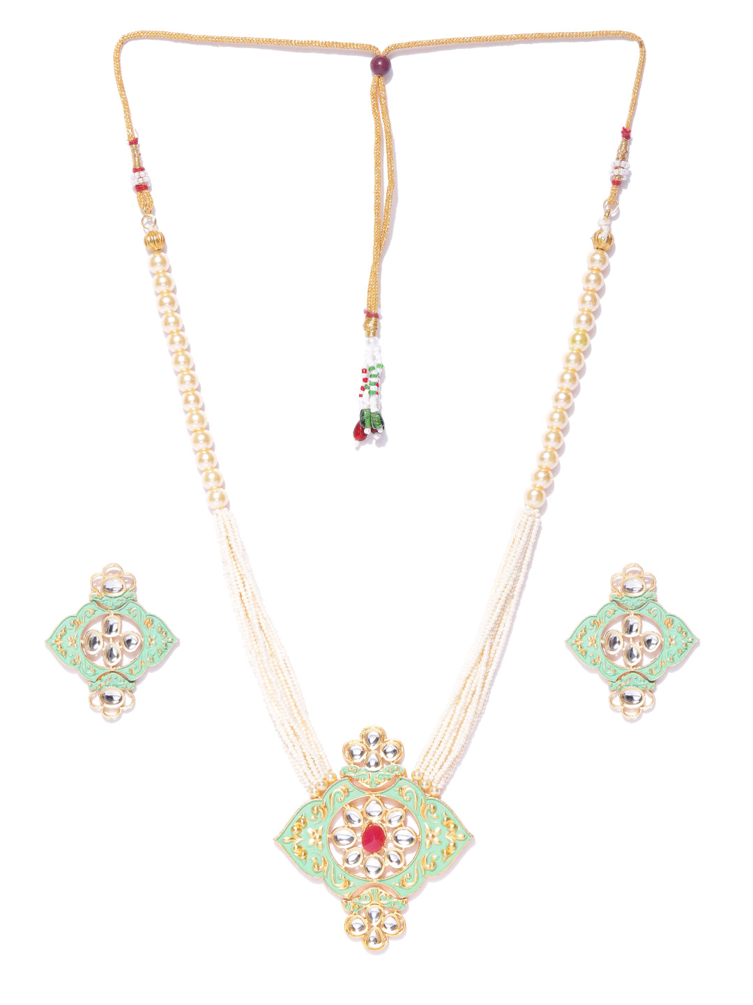 YouBella Off-White  Sea Green Gold-Plated Beaded Enamelled Handcrafted Jewellery Set