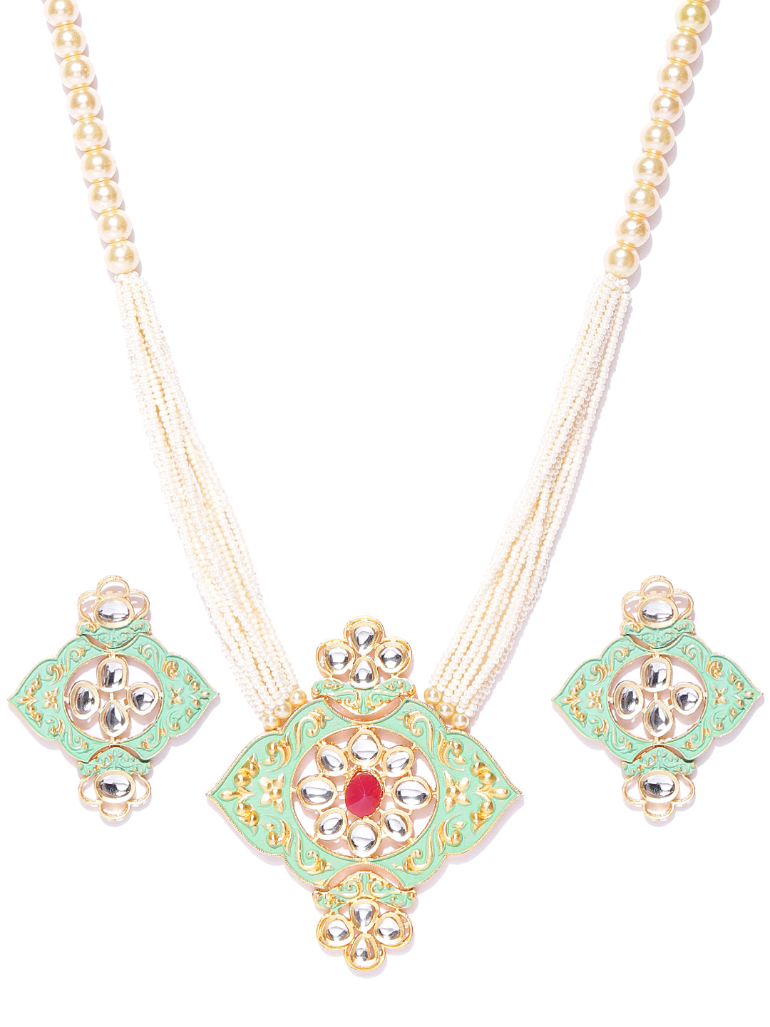 YouBella Off-White  Sea Green Gold-Plated Beaded Enamelled Handcrafted Jewellery Set