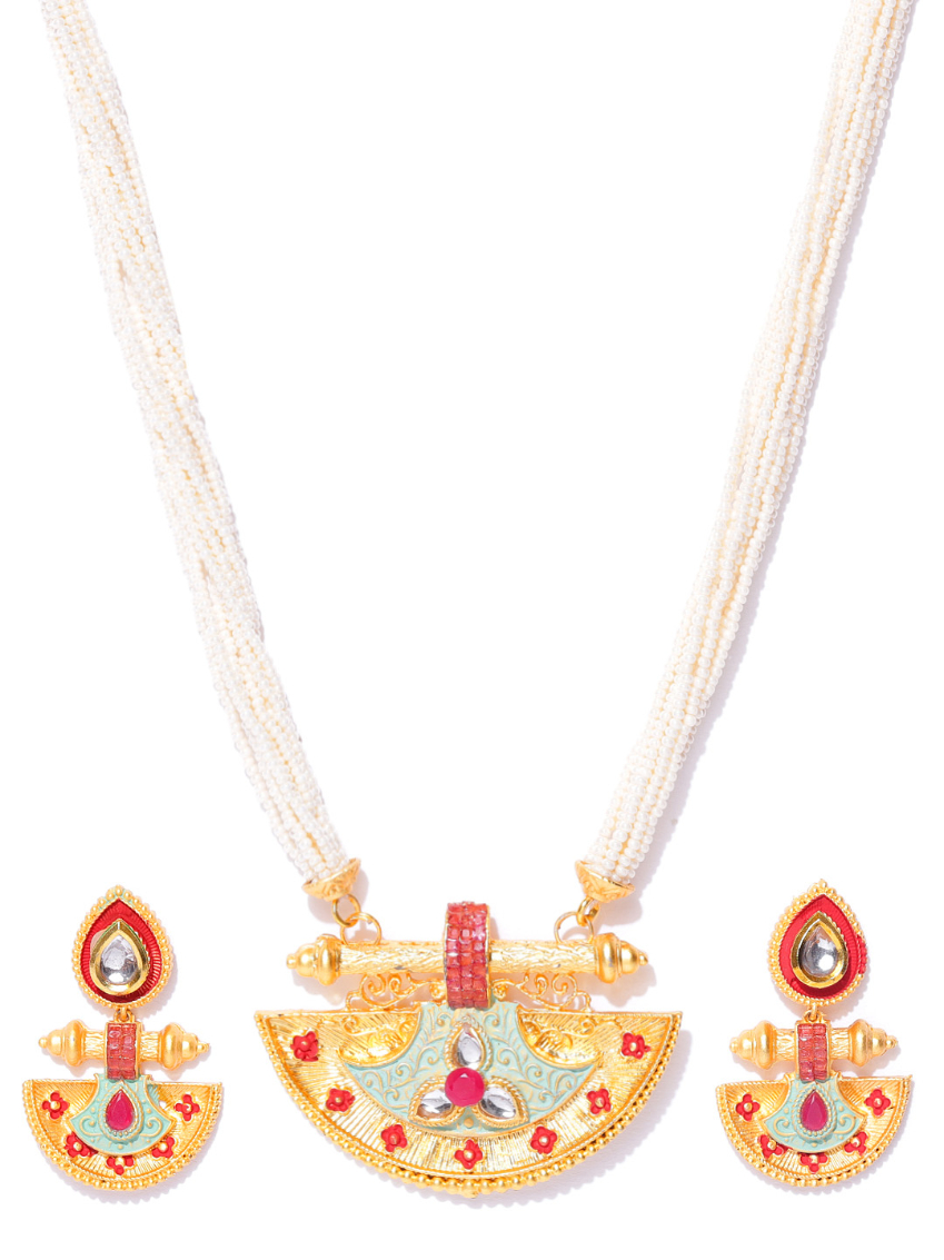 YouBella Blue  Red Gold-Plated Beaded Enamelled Handcrafted Jewellery Set