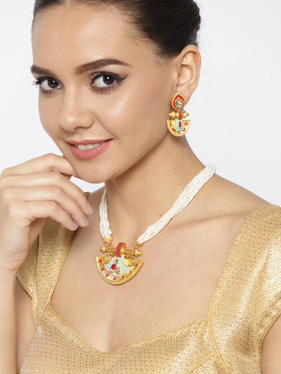 YouBella Blue  Red Gold-Plated Beaded Enamelled Handcrafted Jewellery Set