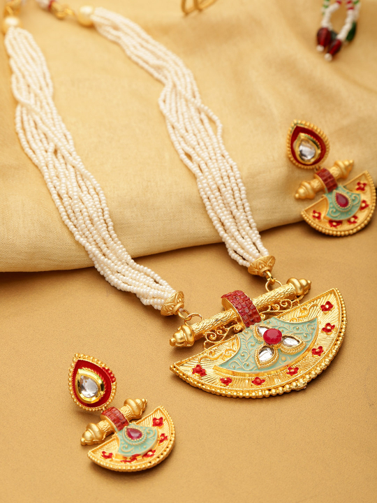 YouBella Blue  Red Gold-Plated Beaded Enamelled Handcrafted Jewellery Set