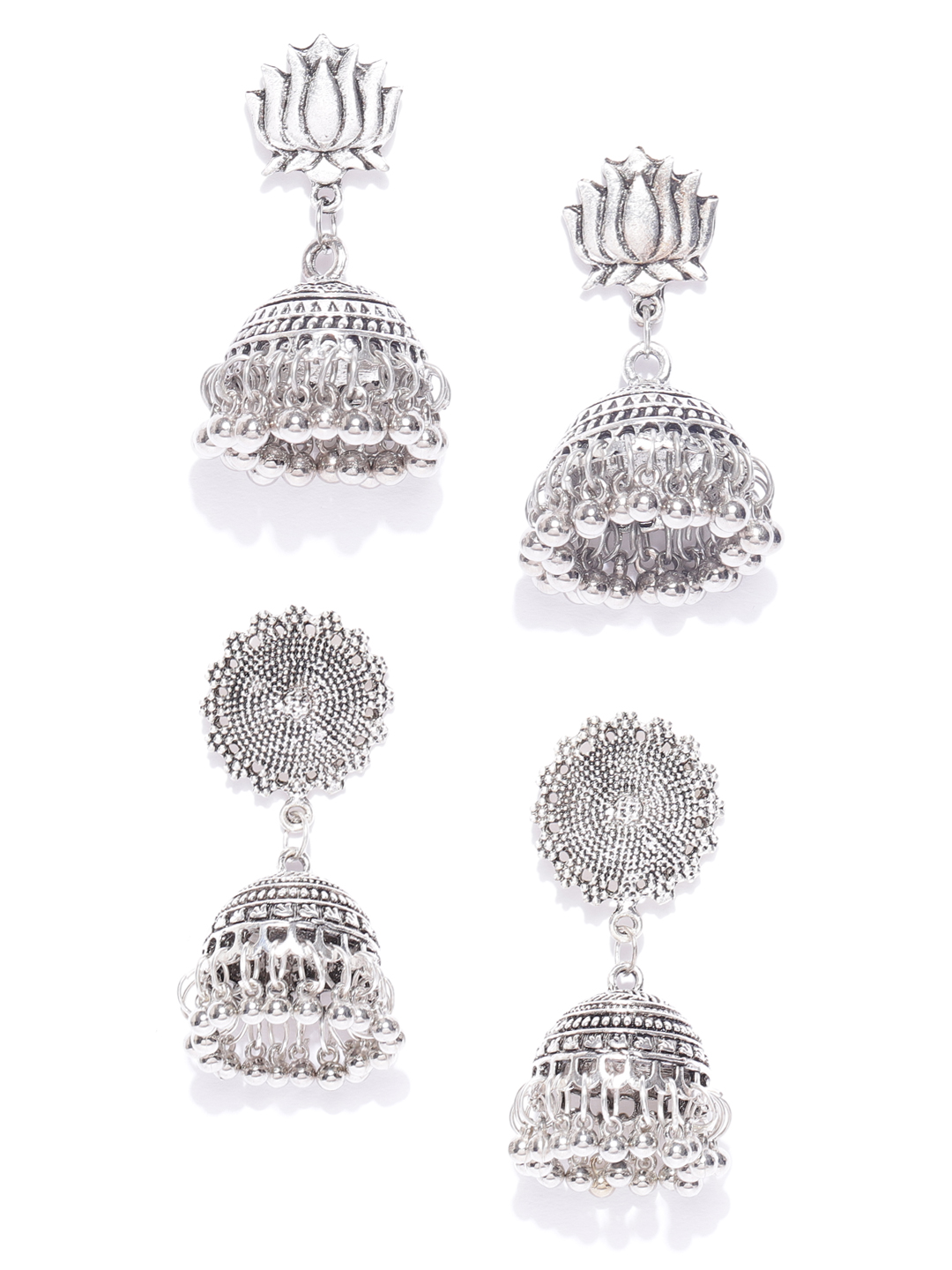 YouBella Set of 2 Oxidised Silver-Plated Textured Dome Shaped Jhumkas