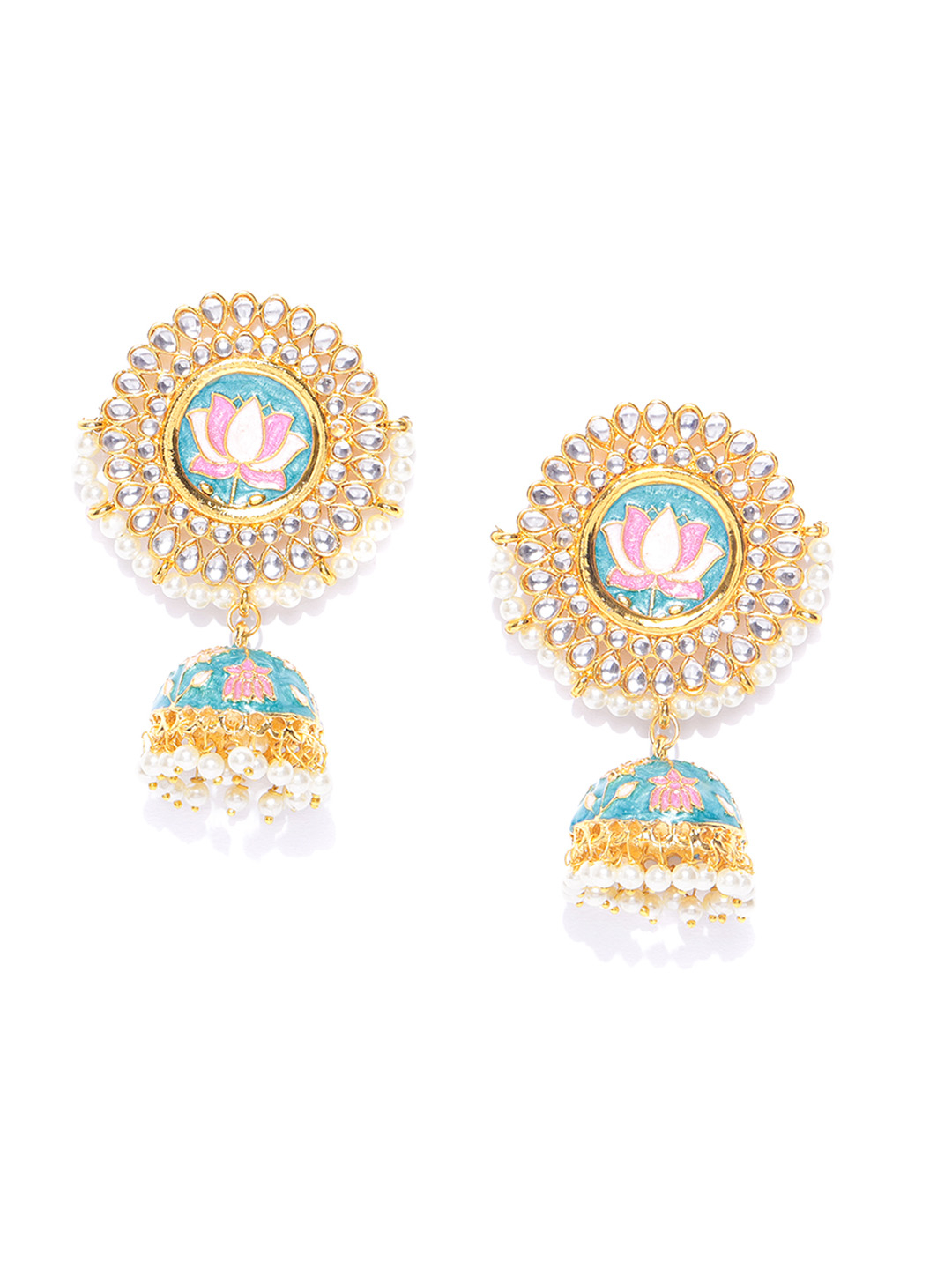 YouBella Blue  Pink Gold-Plated Enamelled Handcrafted Dome Shaped Jhumkas