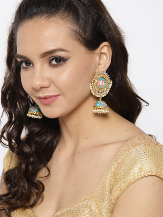 YouBella Blue  Pink Gold-Plated Enamelled Handcrafted Dome Shaped Jhumkas