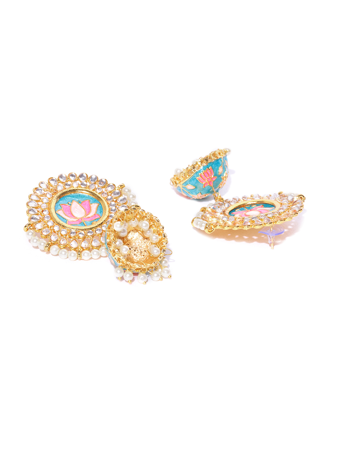 YouBella Blue  Pink Gold-Plated Enamelled Handcrafted Dome Shaped Jhumkas