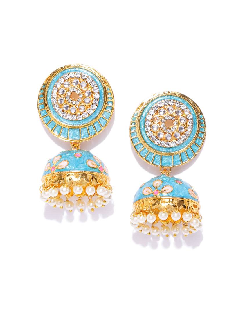 YouBella Blue  Peach-Coloured Gold-Plated Enamelled Handcrafted Dome Shaped Jhumkas