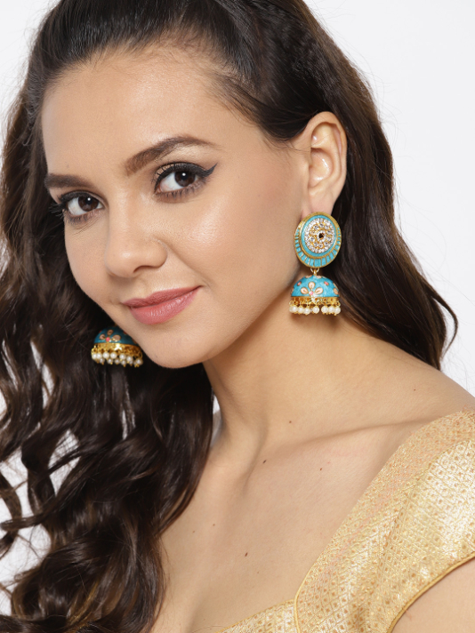 YouBella Blue  Peach-Coloured Gold-Plated Enamelled Handcrafted Dome Shaped Jhumkas