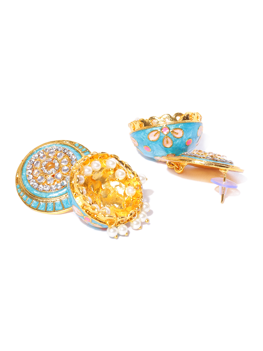 YouBella Blue  Peach-Coloured Gold-Plated Enamelled Handcrafted Dome Shaped Jhumkas